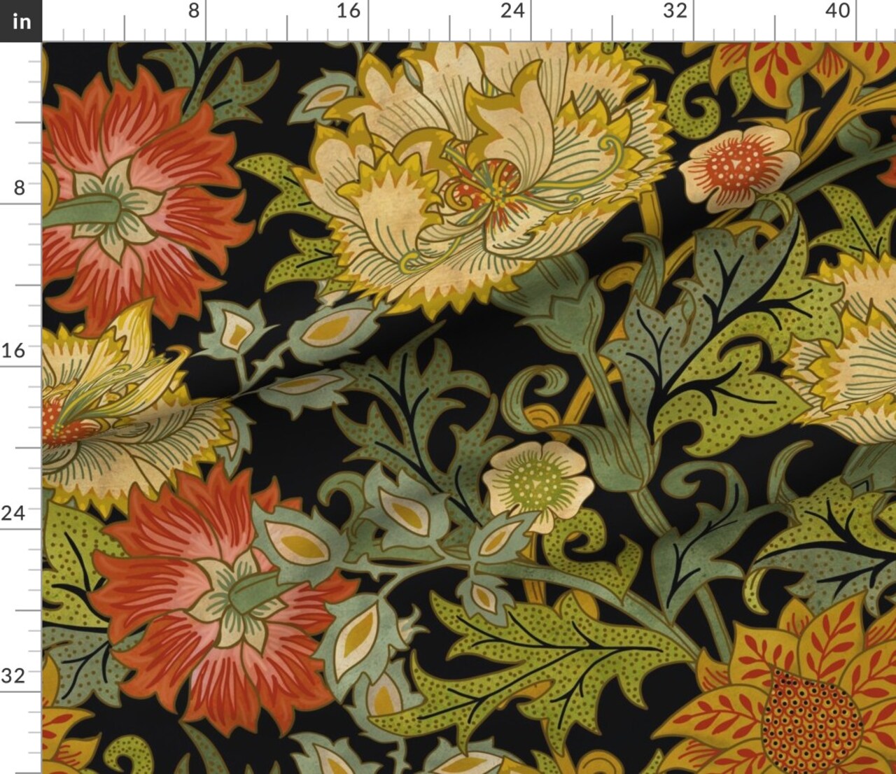 Art Nouveau Folk William Morris Arts And Crafts Black Floral Custom Printed Fabric by Spoonflower Various Fabrics by the Yard or Fat Quarter